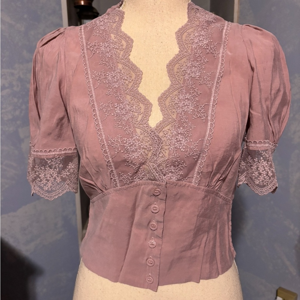 Zara Lace Trim Blouse Mauve Pink Cropped Top XS Boho Cottagecore - Picture 2 of 10